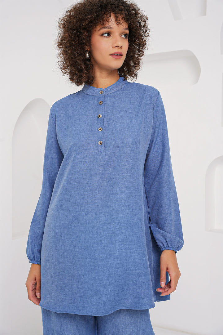BGD Women Linen Tunic Pants Set - Indigo - Frisco