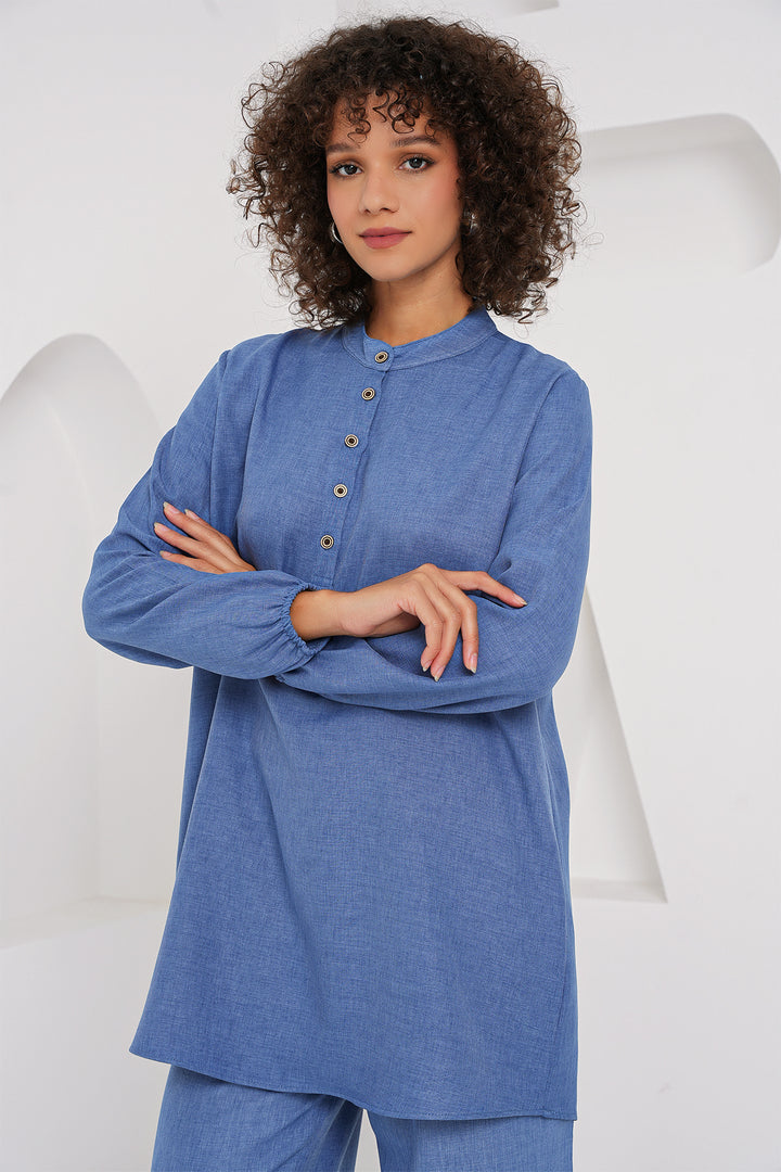 BGD Women Linen Tunic Pants Set - Indigo - Frisco