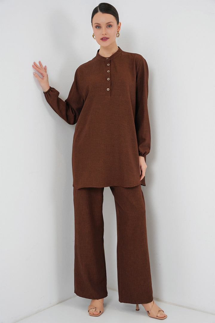 BGD Women Linen Tunic Pants Set - Brown - Ashford