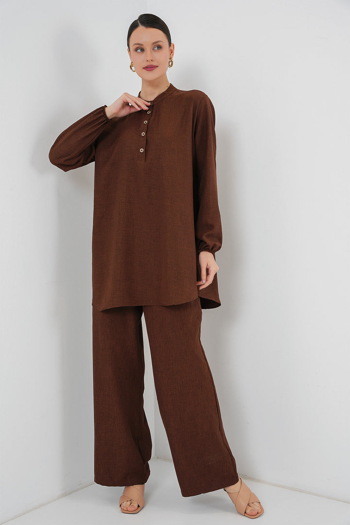 BGD Women Linen Tunic Pants Set - Brown - Ashford