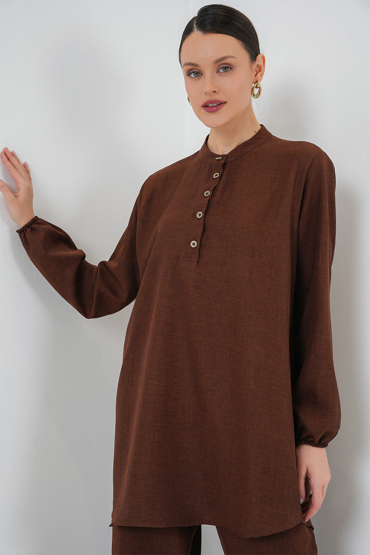 BGD Women Linen Tunic Pants Set - Brown - Ashford