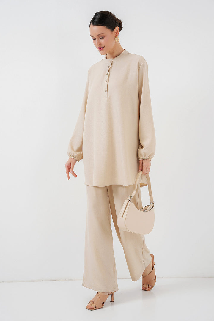 BGD Women Linen Tunic Pants Set - Cream - Marino