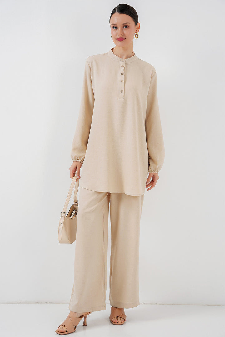 BGD Women Linen Tunic Pants Set - Cream - Marino
