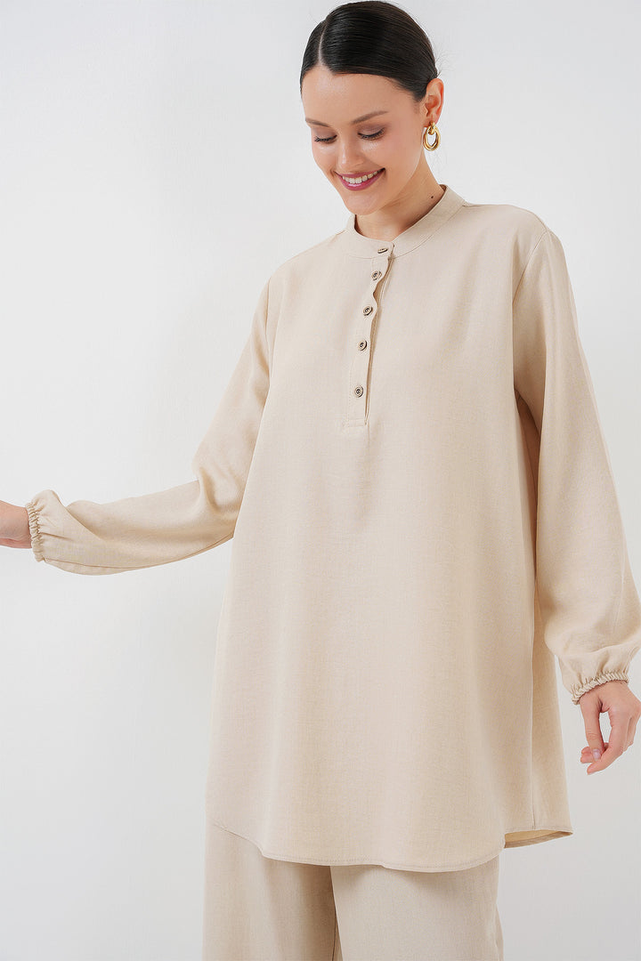 BGD Women Linen Tunic Pants Set - Cream - Marino