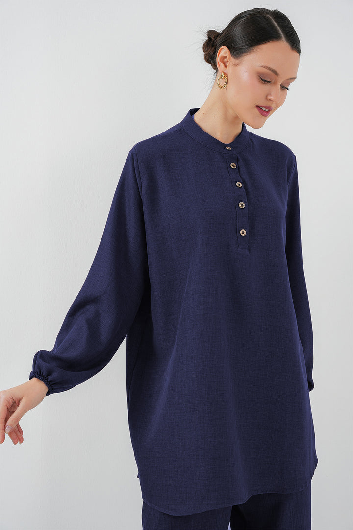 BGD Women Linen Tunic Pants Set - Navy Blue - Gladbeck