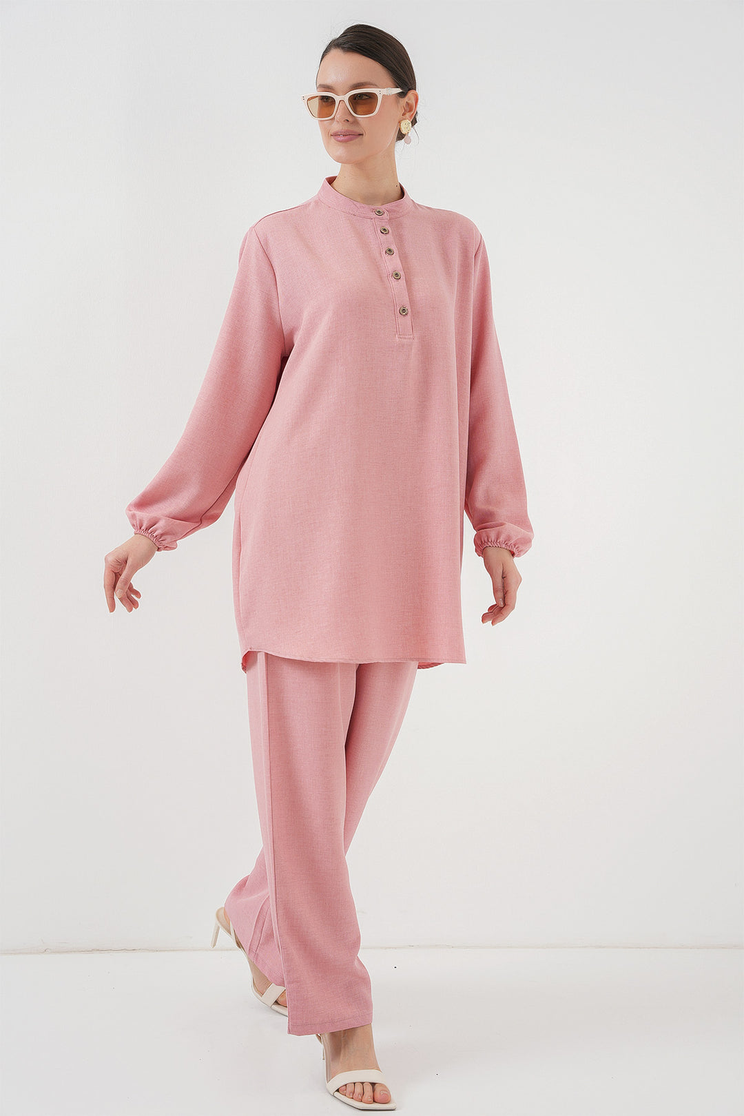 BGD Women Linen Tunic Pants Set - Pink - Frederick
