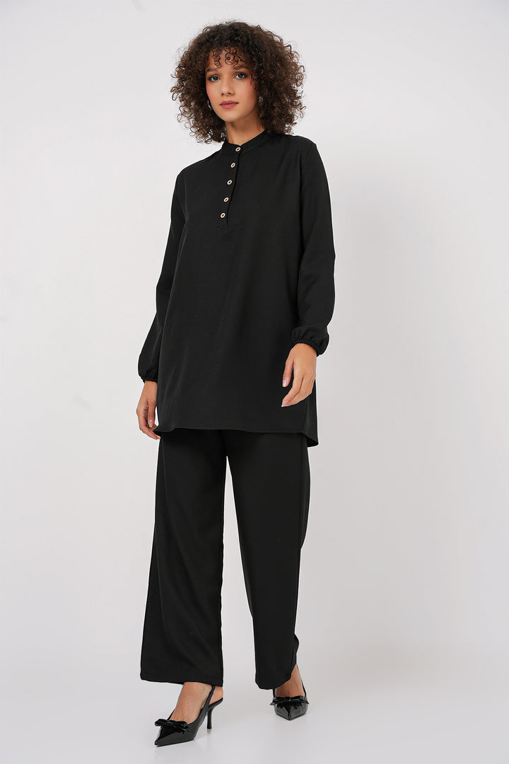 BGD Women Linen Tunic Pants Set - Black - Maia