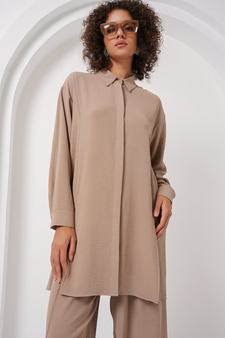 BGD Women Long Tunic Pants Set - Beige - Paraíso