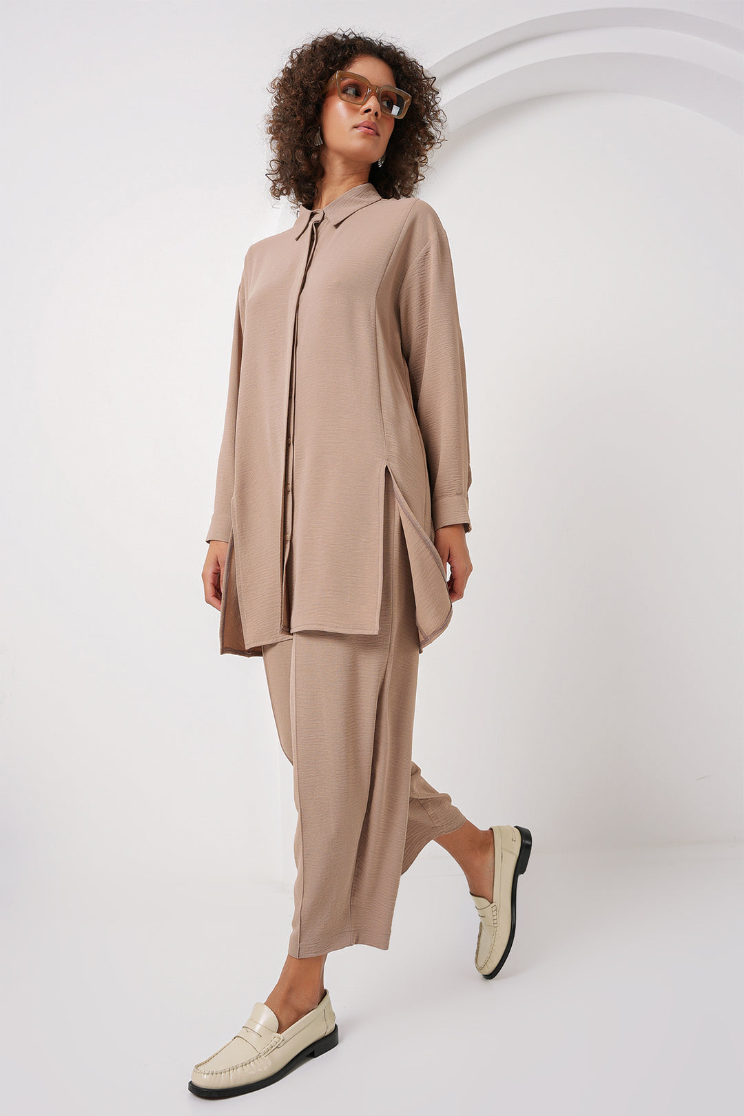 BGD Women Long Tunic Pants Set - Beige - Paraíso