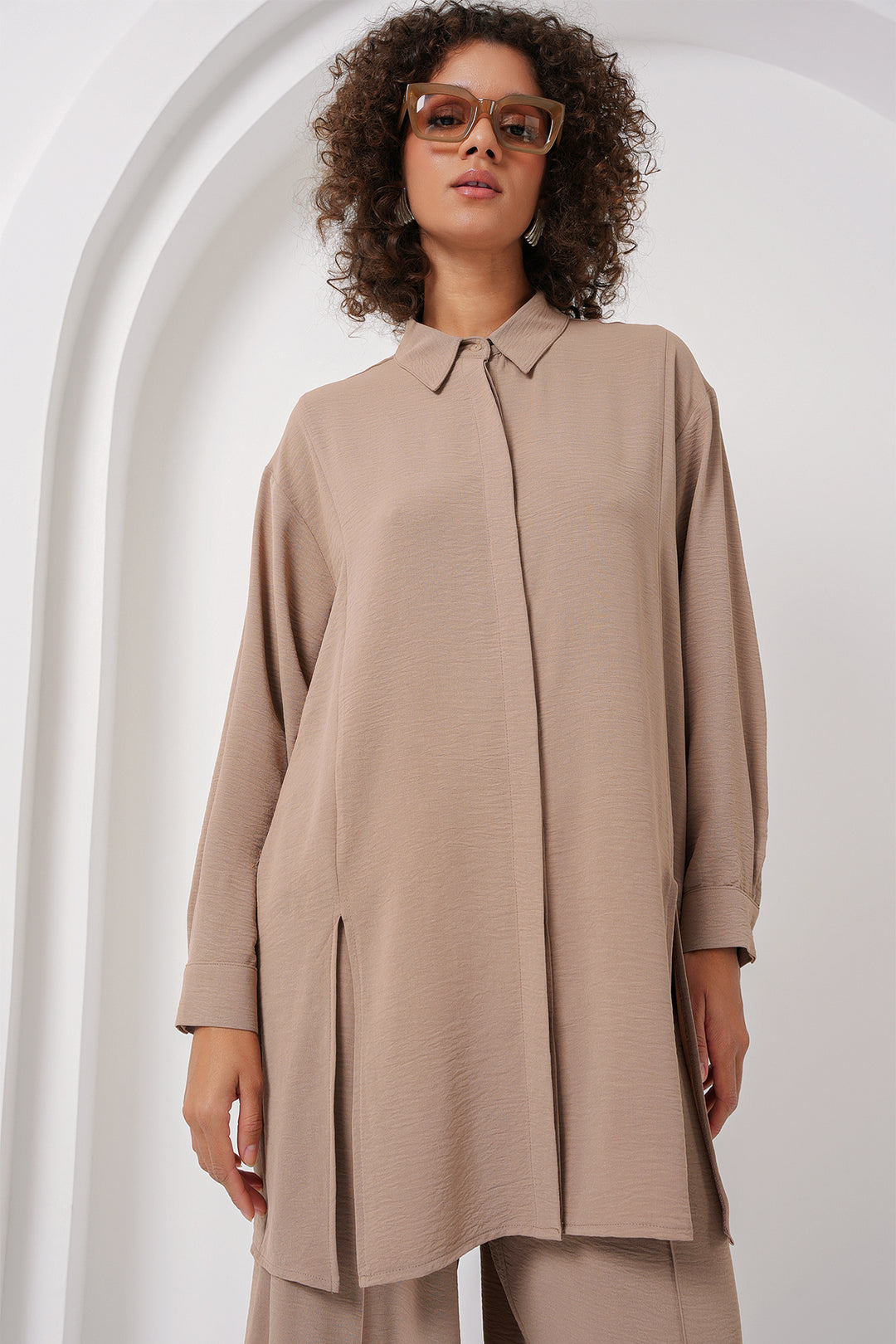 BGD Women Long Tunic Pants Set - Beige - Paraíso