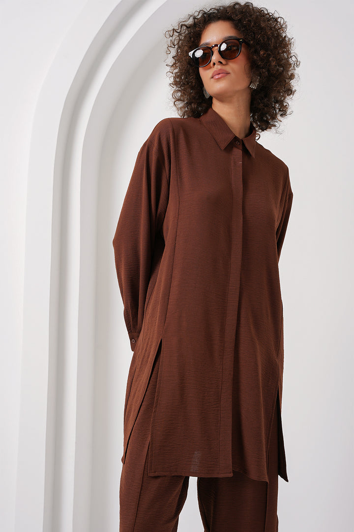 BGD Women Long Tunic Pants Set - Brown - Rossano