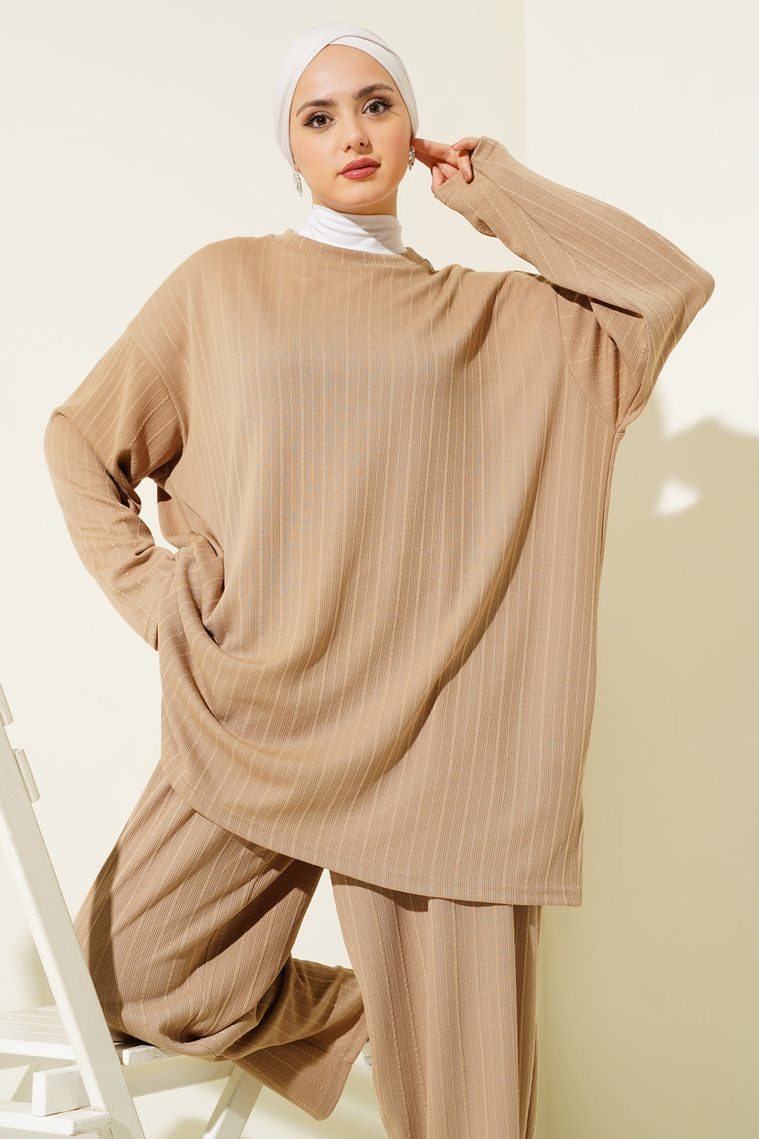 BGD Women Bicycle Collar Tunic Pants Set - Biscuit - Gifhorn