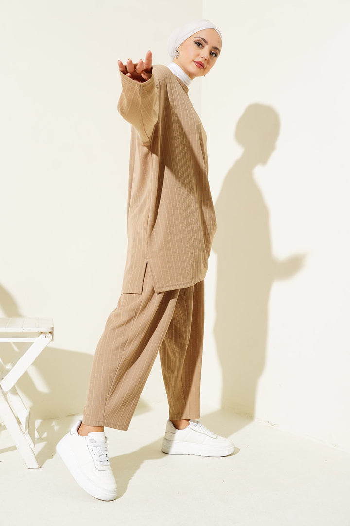BGD Women Bicycle Collar Tunic Pants Set - Biscuit - Gifhorn