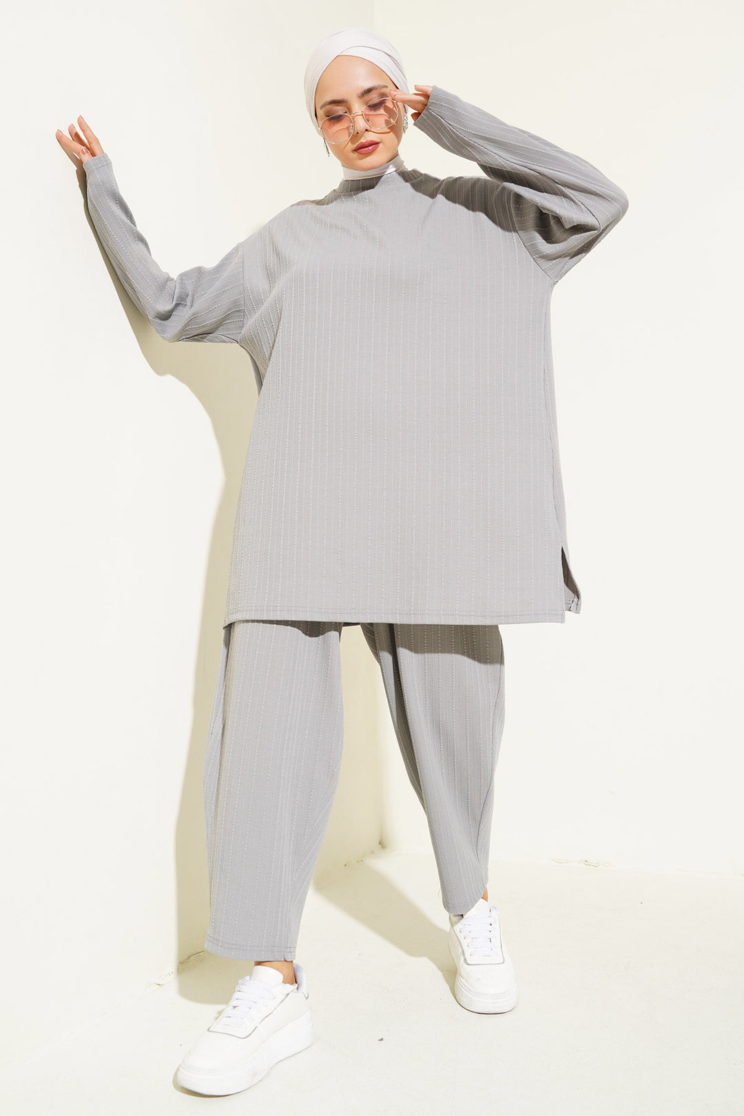 BGD Women Bicycle Collar Tunic Pants Set - Gray - Margate