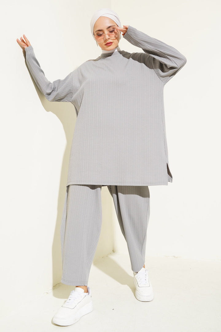 BGD Women Bicycle Collar Tunic Pants Set - Gray - Margate