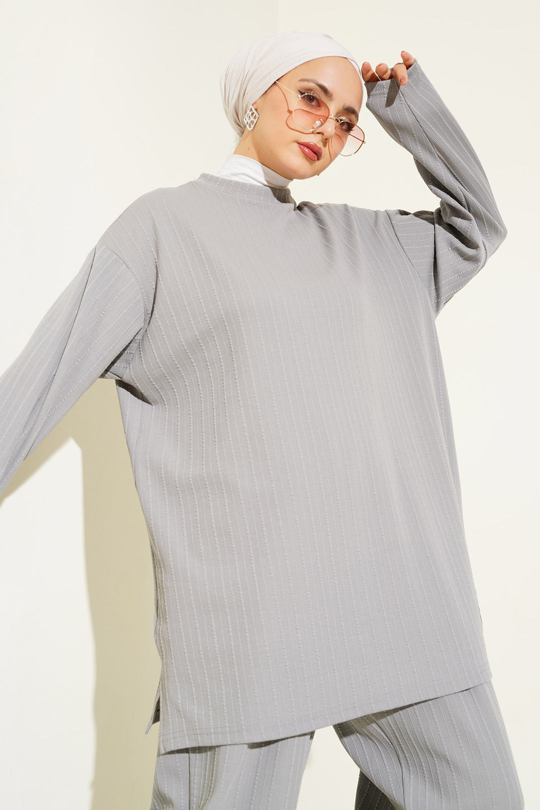 BGD Women Bicycle Collar Tunic Pants Set - Gray - Margate