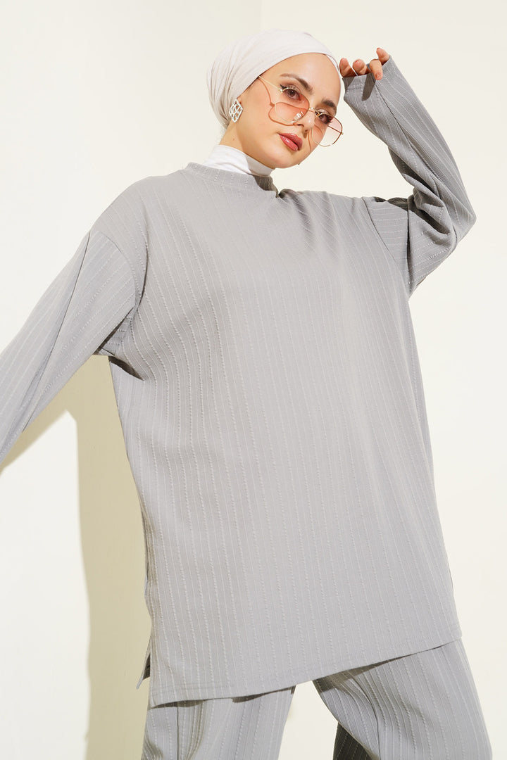 BGD Women Bicycle Collar Tunic Pants Set - Gray - Margate