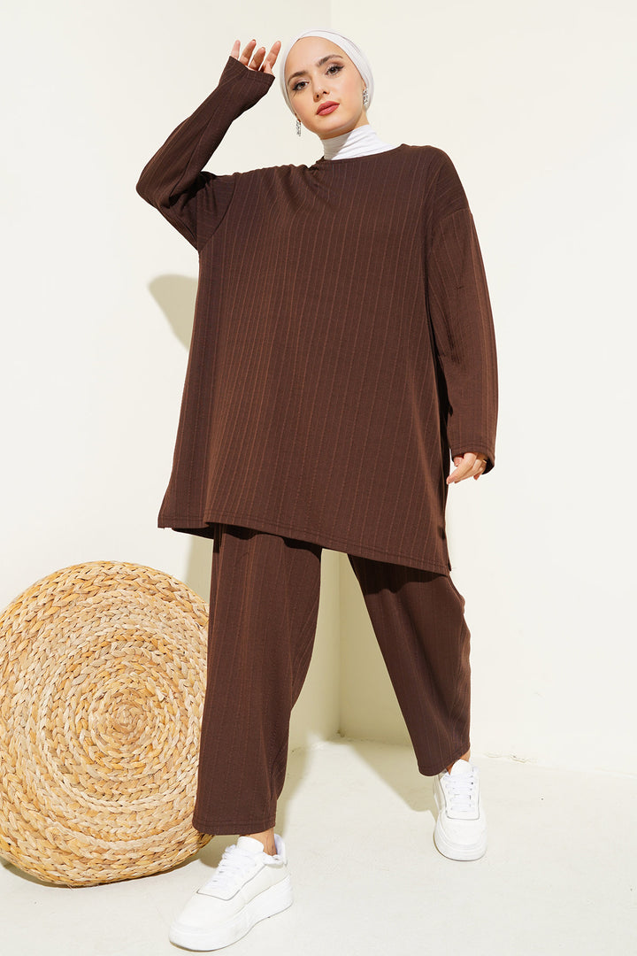 BGD Women Bicycle Collar Tunic Pants Set - Brown - East Kilbride