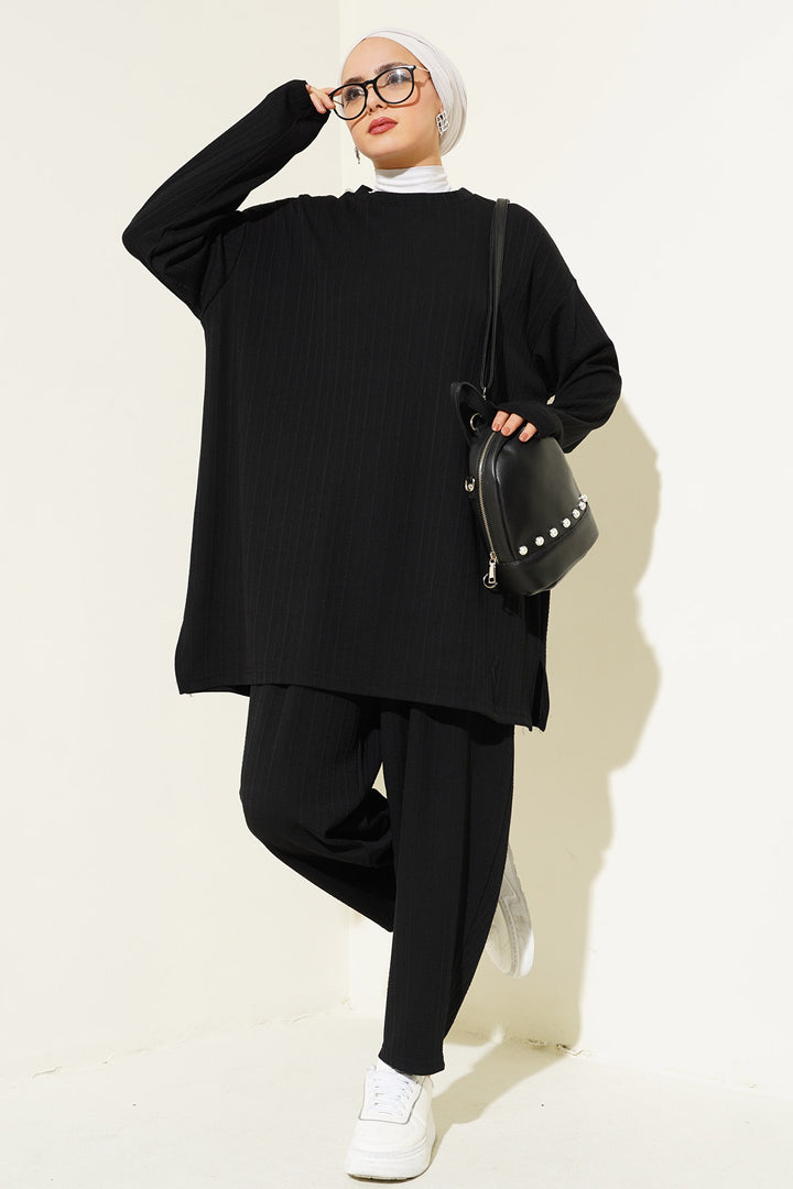 BGD Women Bicycle Collar Tunic Pants Set - Black - Râmnicu Vâlcea