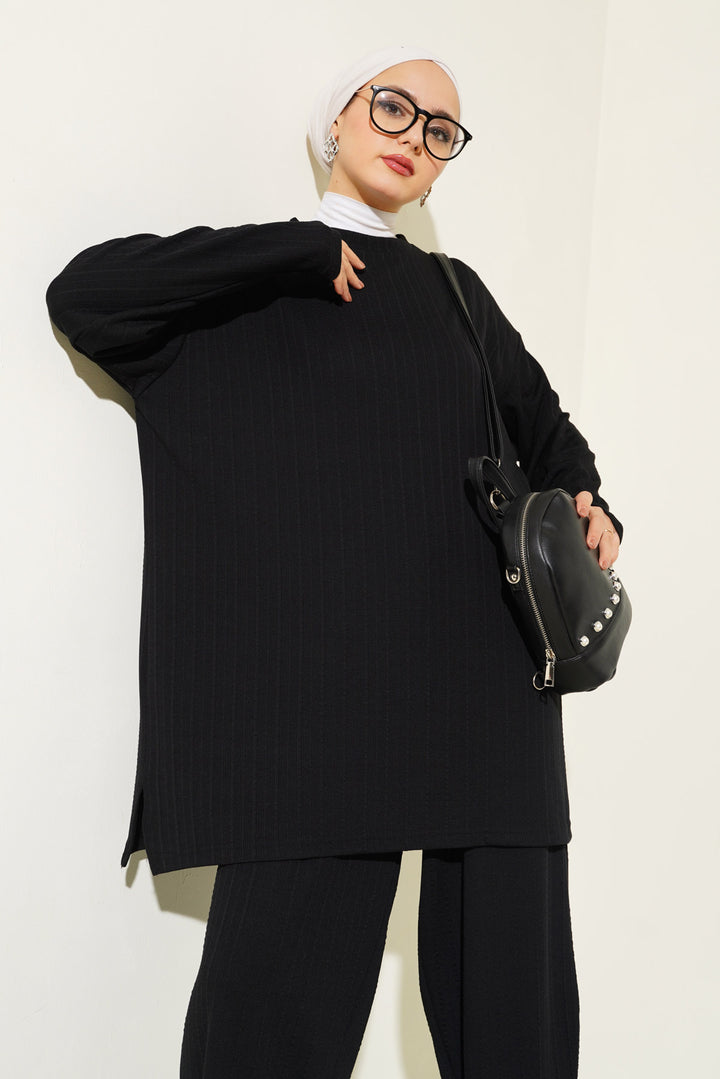 BGD Women Bicycle Collar Tunic Pants Set - Black - Râmnicu Vâlcea