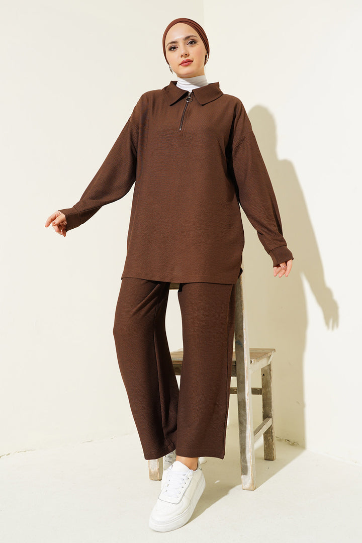 BGD Women Wide Leg Pants Tunic Set - Brown - Greven