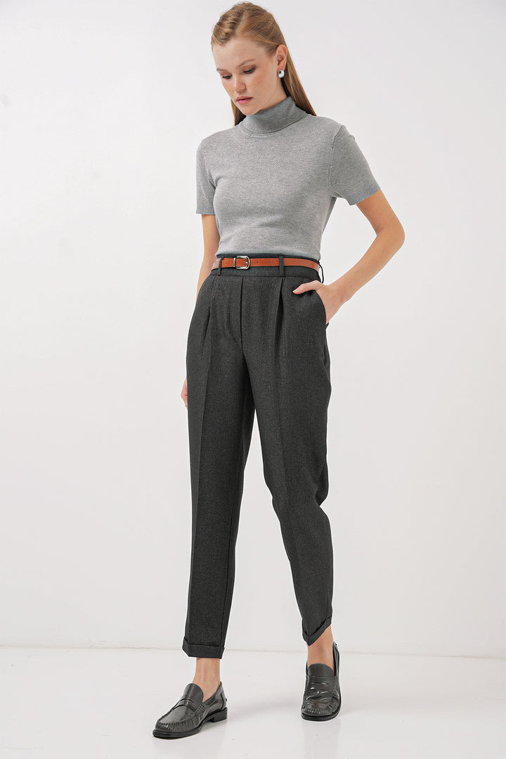 BGD Women Women's Pleated Belted Fabric Pants - Smoke Gray - Beavercreek