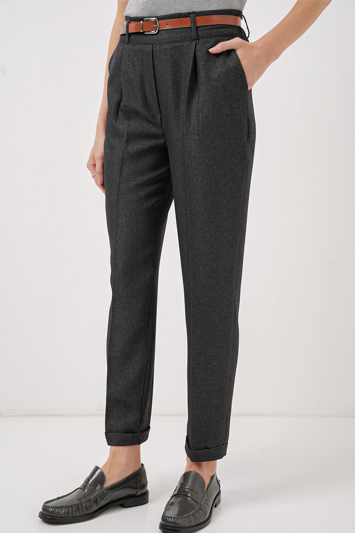 BGD Women Women's Pleated Belted Fabric Pants - Smoke Gray - Beavercreek
