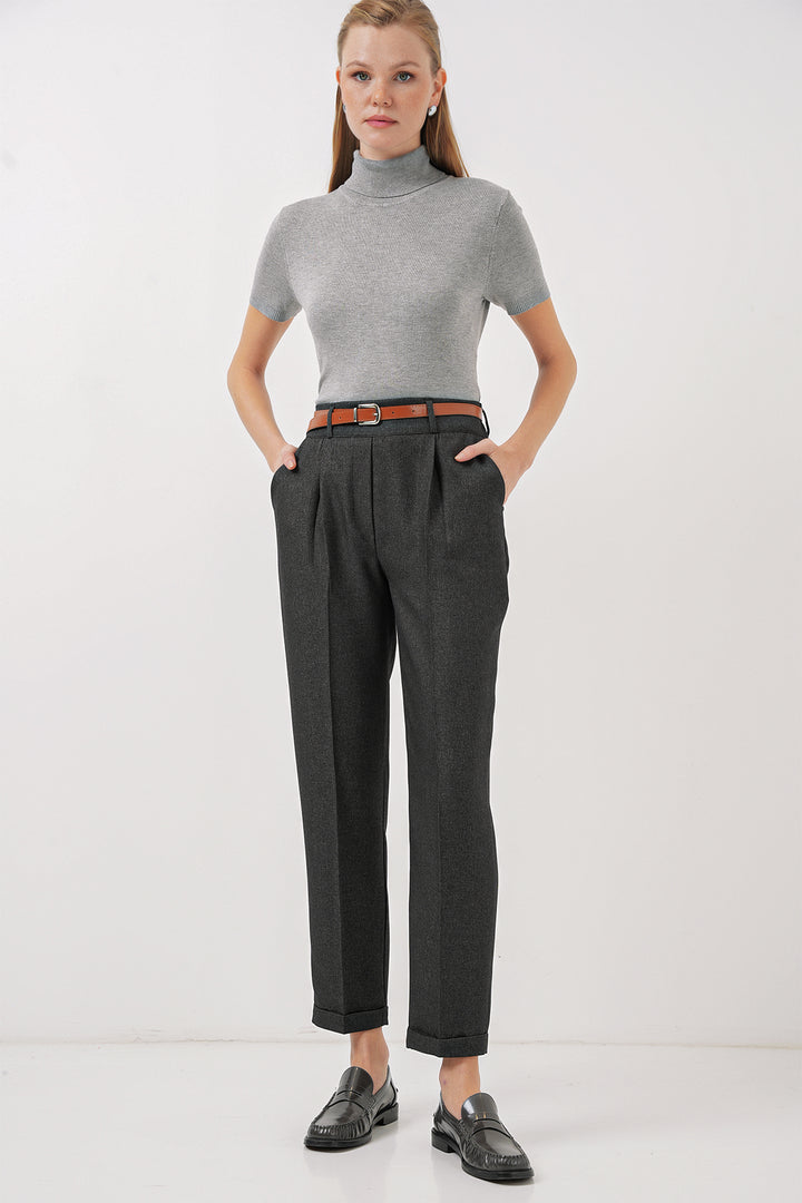 BGD Women Women's Pleated Belted Fabric Pants - Smoke Gray - Beavercreek