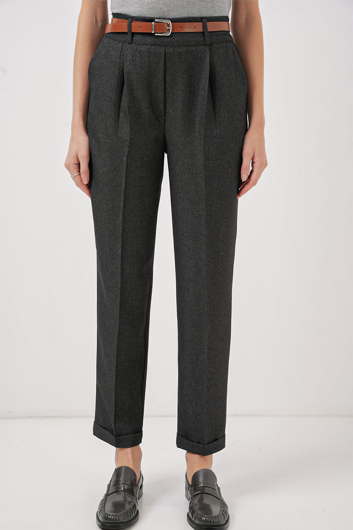 BGD Women Women's Pleated Belted Fabric Pants - Smoke Gray - Beavercreek