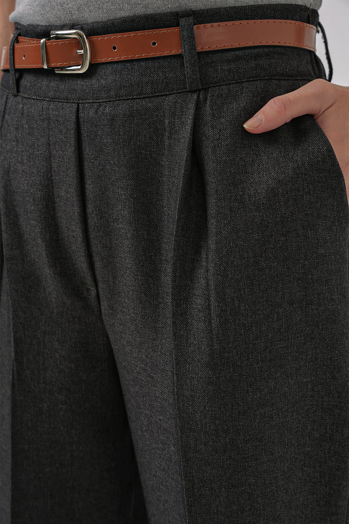 BGD Women Women's Pleated Belted Fabric Pants - Smoke Gray - Beavercreek