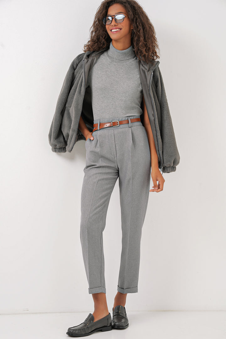 BGD Women Women's Pleated Belted Fabric Trousers - Grey - Ellesmere Port