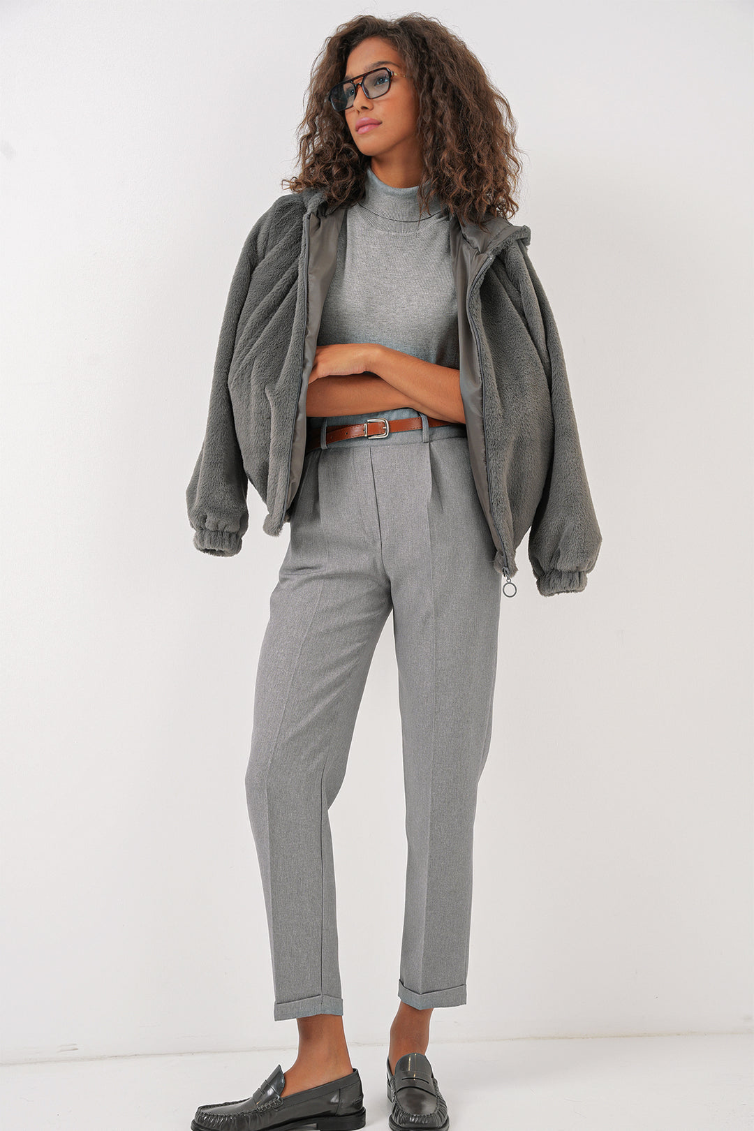 BGD Women Women's Pleated Belted Fabric Trousers - Grey - Ellesmere Port