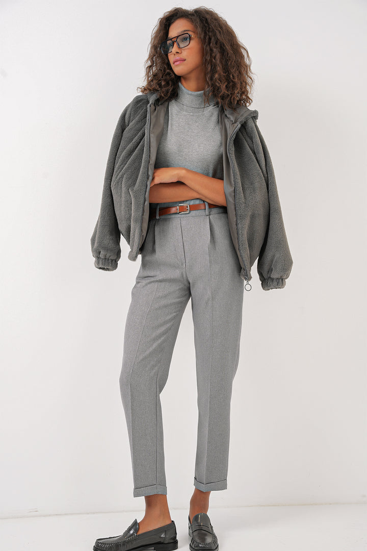 BGD Women Women's Pleated Belted Fabric Trousers - Grey - Ellesmere Port