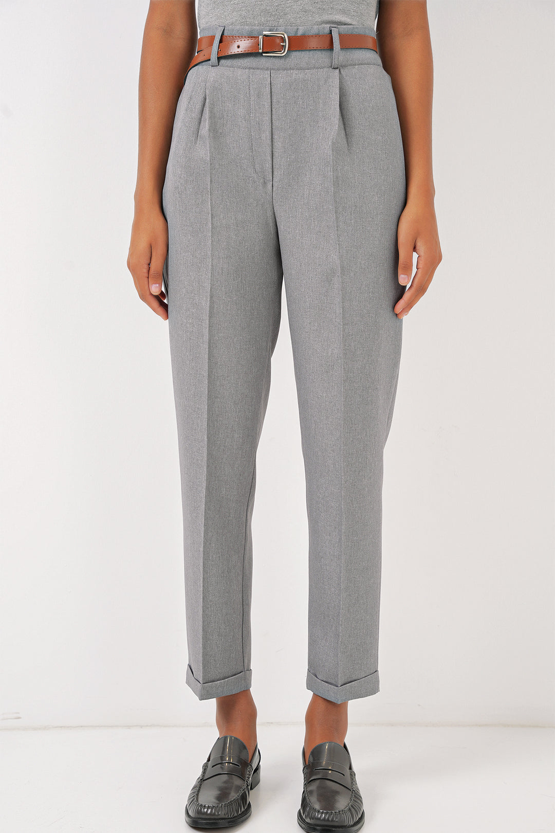 BGD Women Women's Pleated Belted Fabric Trousers - Grey - Ellesmere Port