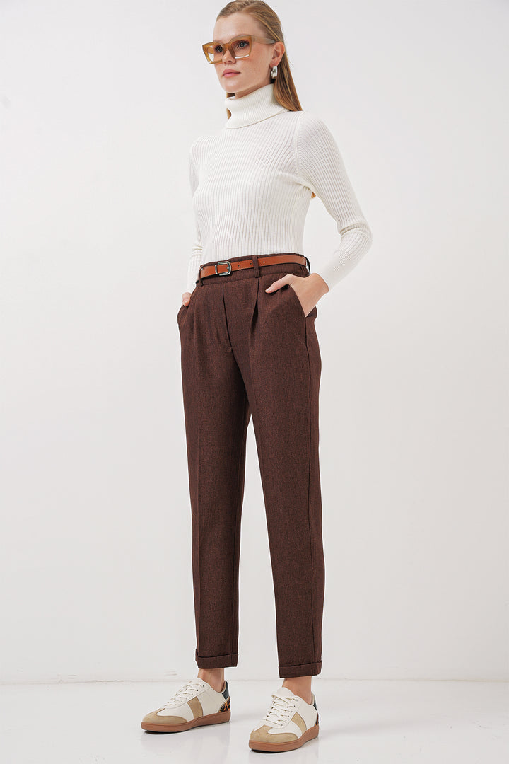 BGD Women Women's Pleated Belted Fabric Trousers - Brown - Halle
