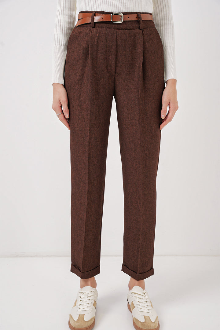 BGD Women Women's Pleated Belted Fabric Trousers - Brown - Halle