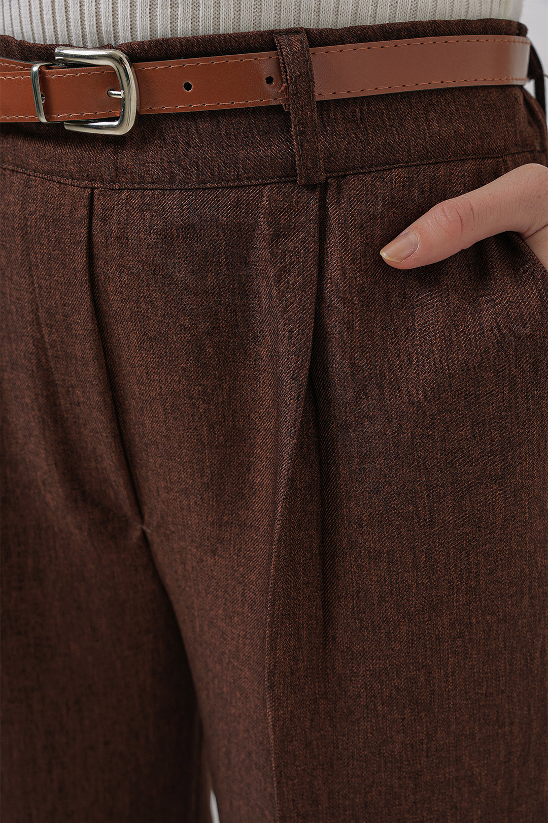BGD Women Women's Pleated Belted Fabric Trousers - Brown - Halle