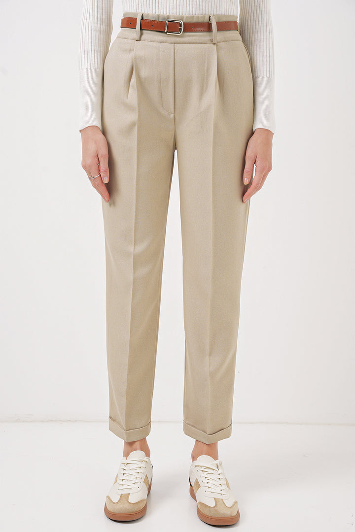 BGD Women Women's Pleated Belted Fabric Trousers - Cream - Brest