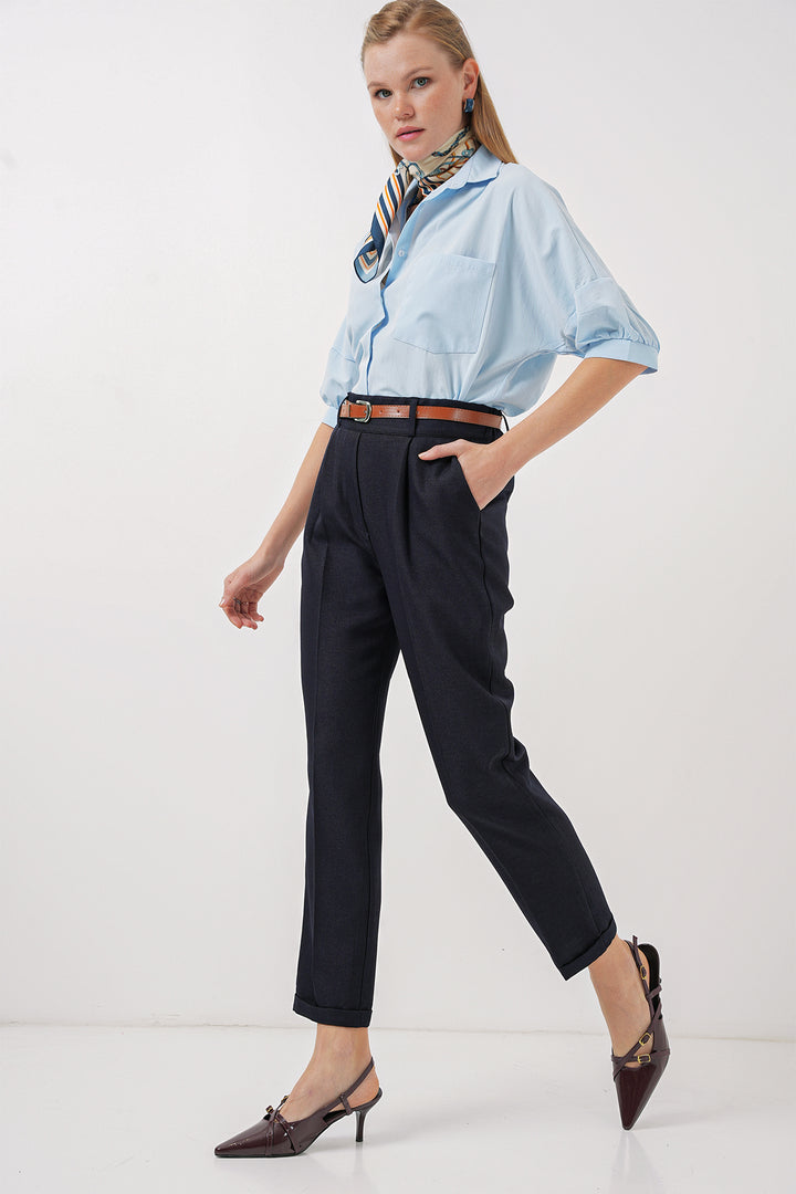 BGD Women Women's Pleated Belted Fabric Trousers - Navy Blue - Lincoln Park