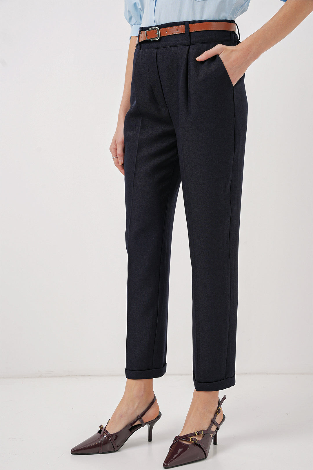 BGD Women Women's Pleated Belted Fabric Trousers - Navy Blue - Lincoln Park