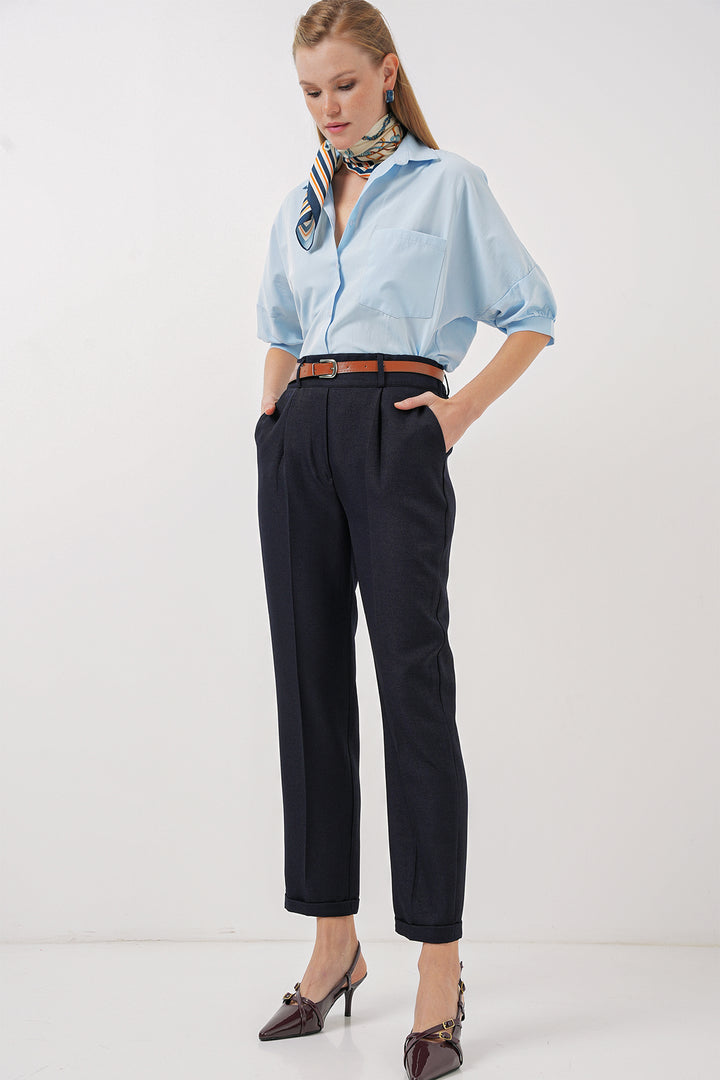 BGD Women Women's Pleated Belted Fabric Trousers - Navy Blue - Lincoln Park