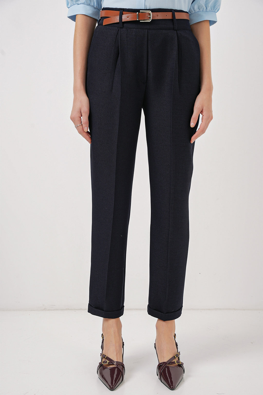 BGD Women Women's Pleated Belted Fabric Trousers - Navy Blue - Lincoln Park