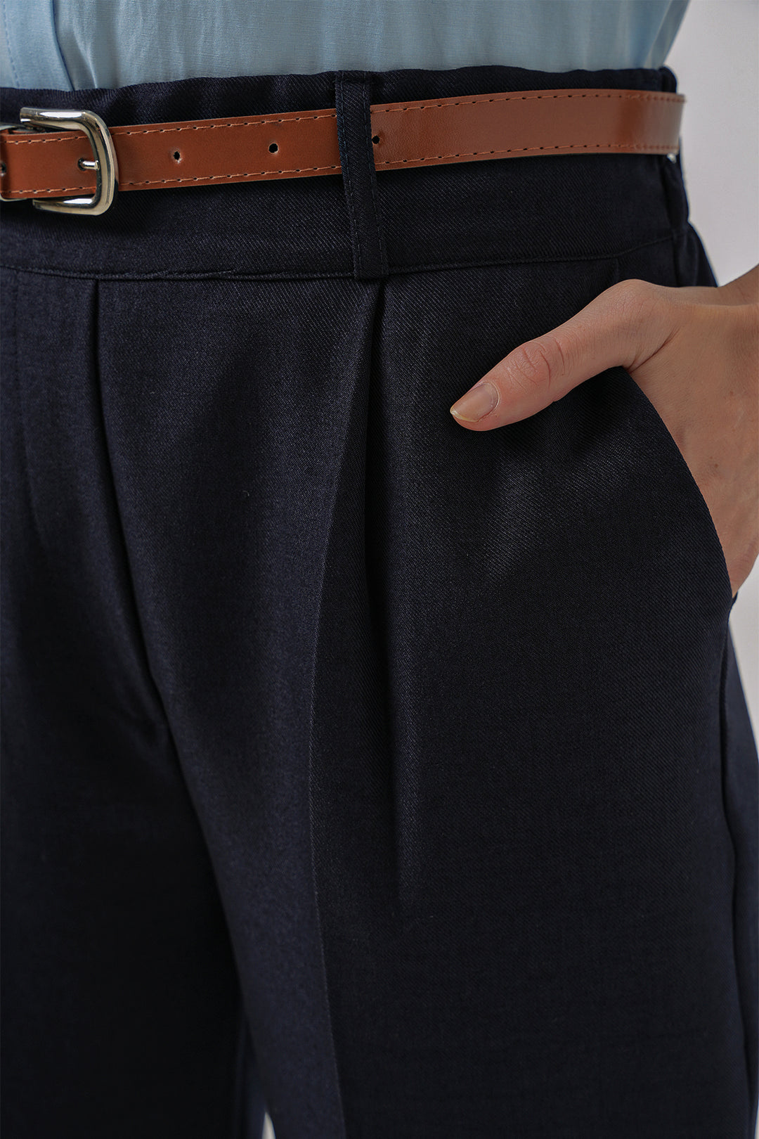 BGD Women Women's Pleated Belted Fabric Trousers - Navy Blue - Lincoln Park