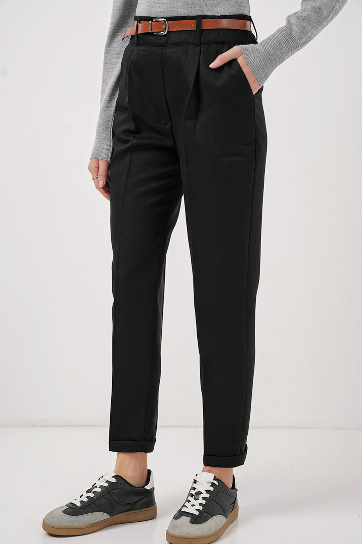 BGD Women Women's Pleated Belted Fabric Trousers - Black - Casa Grande