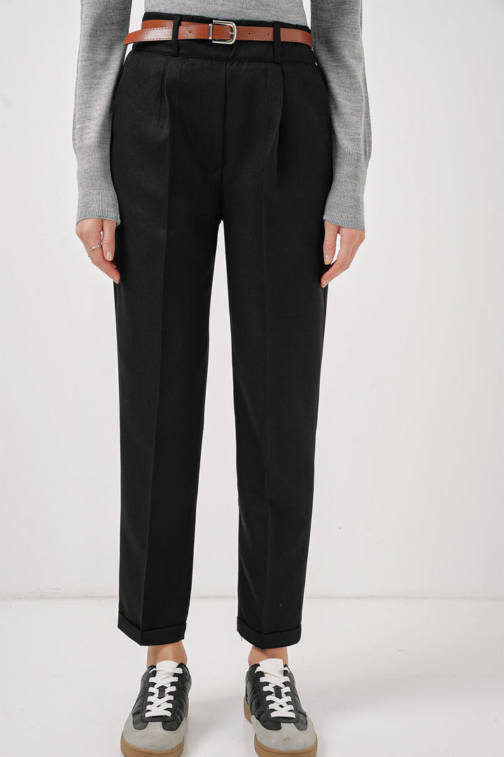 BGD Women Women's Pleated Belted Fabric Trousers - Black - Casa Grande