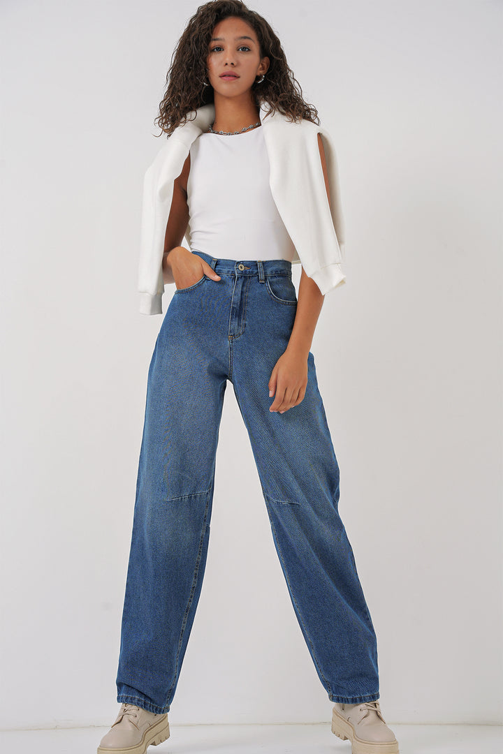 BGD Women Women's High Waist Baggy Jeans - Navy Blue - Târgovişte