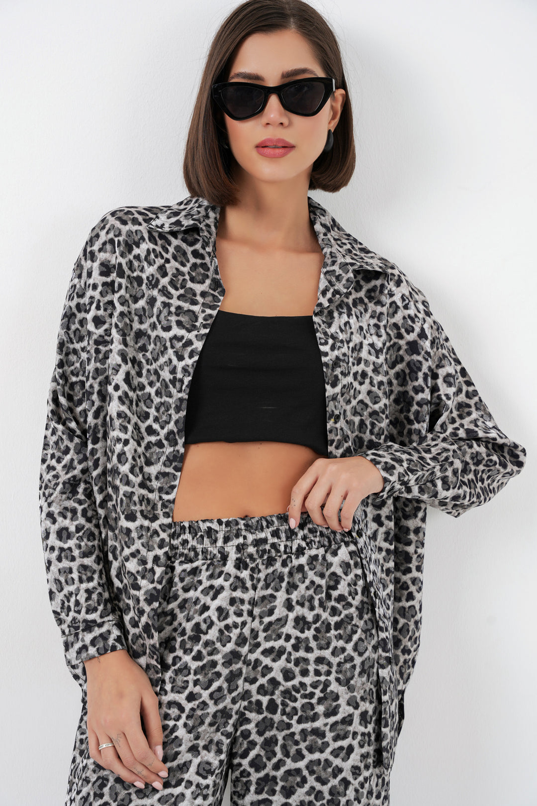 BGD Women Leopar Desenli Alt Üst Takım - Antrasit - Princeton