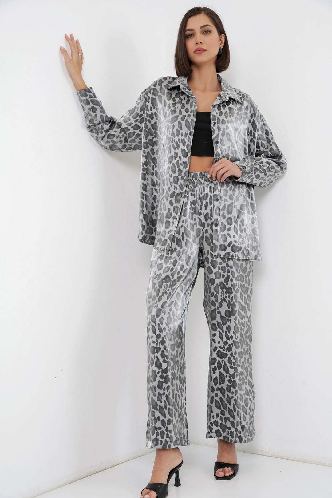BGD Women Leopar Desenli Alt Üst Takım - Gri - Klagenfurt