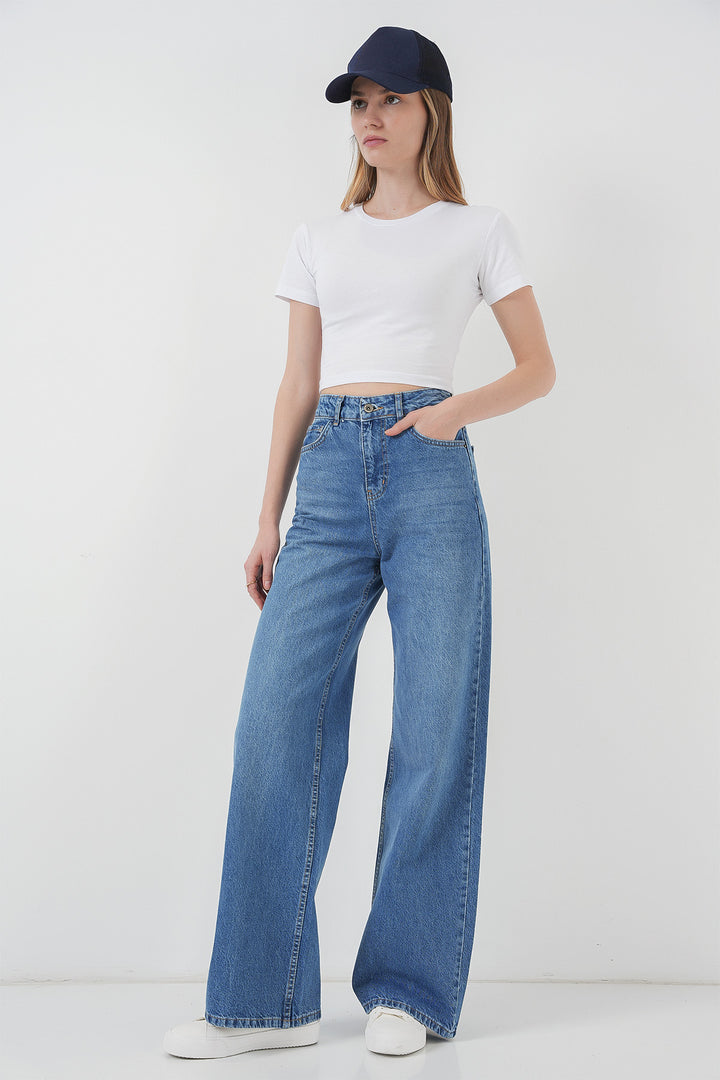 BGD Women Women's Wide Leg High Waist Palazzo Denim Pants - Navy Blue - Lévis