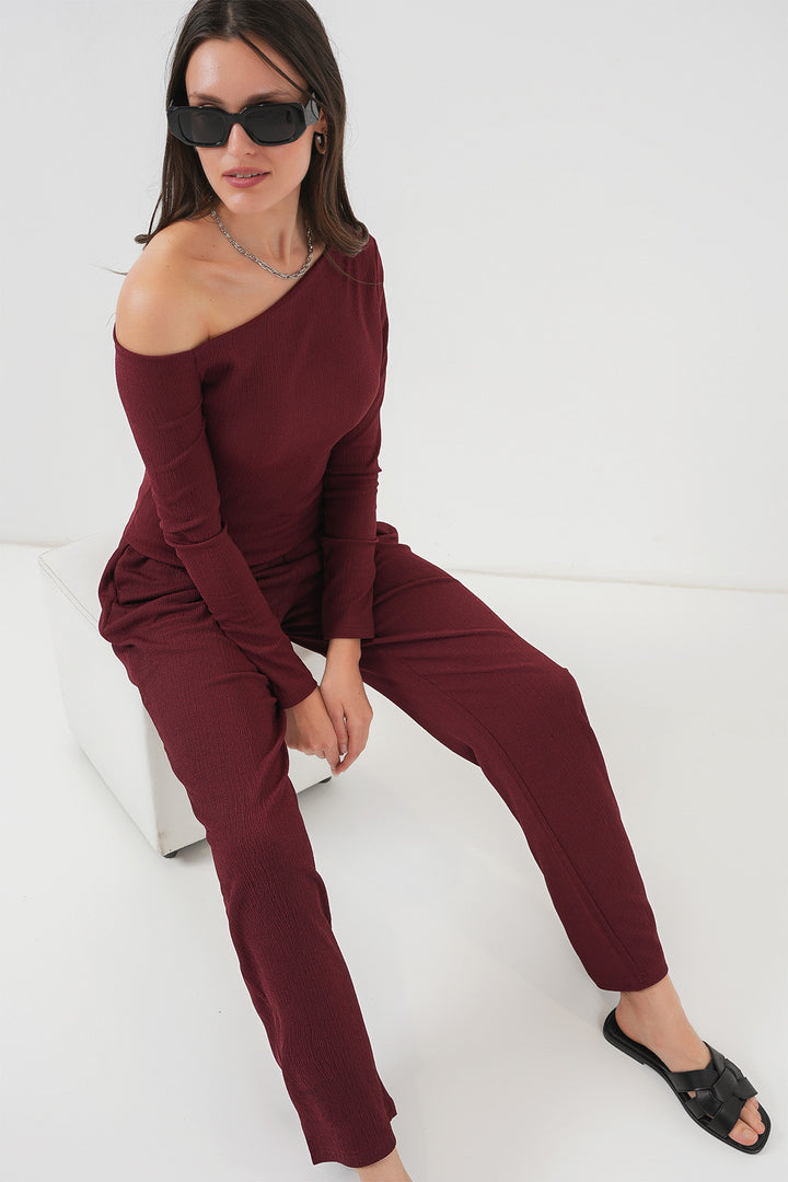BGD Women Low Shoulder Top Set - Burgundy - Völklingen